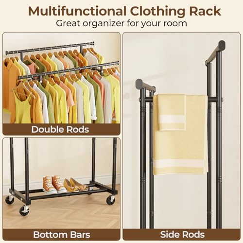 HYSEYY Double Rods Clothes Rack, Rolling Clothing Rack for Hanging Clothes Portable Wardrobe Rack, Metal Garment Rack Sturdy Coat Rack for Bedroom Laundry Living Room, Black - color: Black, style: Modern