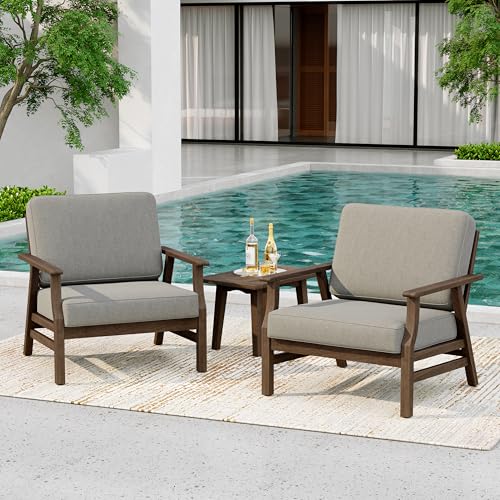3 Piece Wood Patio Chair Outdoor Bistro Set, Outdoor Armchair All Weather Patio Sofa Furniture Backyard Conversation Sets with Wooden Side Table, Light Camel - color: Light Camel, size: 3PCS