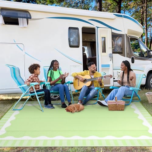 Garvee 8x10 Outdoor Rug, Scalloped Border Waterproof Camping Rugs for Outside Your RV, Modern Plastic Straw Rug, Foldable Reversible UV Resistant Mats for Picnic Backyard Deck Porch, Light Green - color: Bordered|light Green, size: 8' x 10' (Rectangular)