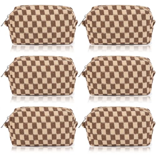 SOIDRAM Checkered Makeup Bag Preppy Cosmetic Bag Bulk Brown Makeup Pouch Personalize Travel Toiletry Bag Organizer Cute DIY Makeup Brushes Storage Bag for Women - color: Brown, size: 6 Pack