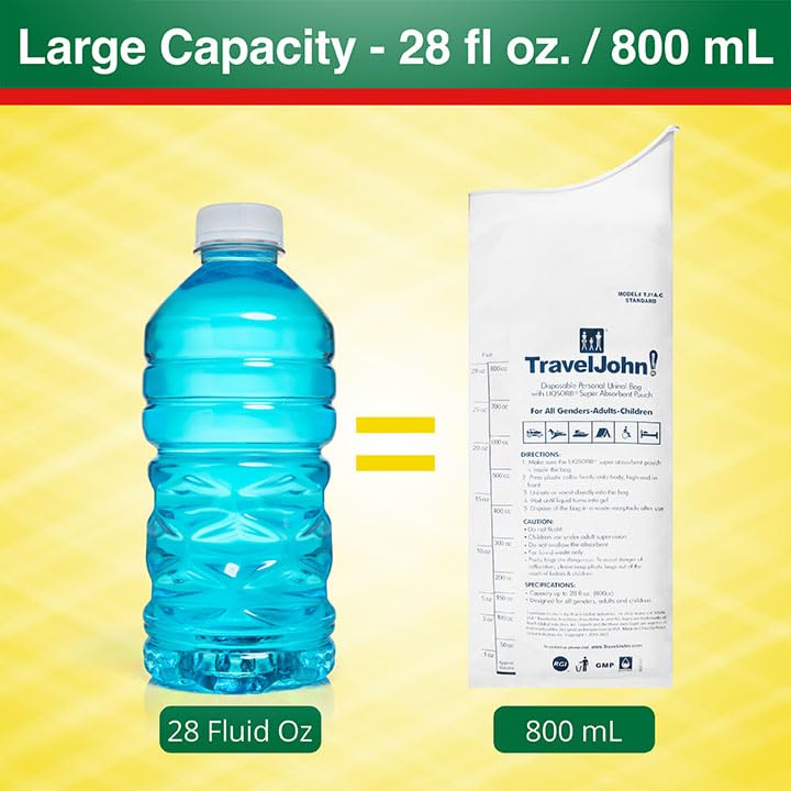 TravelJohn Disposable Urinal Bags – Road Trip Essentials for Men, Women & Kids – Odorless Leakproof Portable Urine Bags – Ideal for Camping, Emergencies & Long Car Rides (TJ1A-C) - style: 18 Pack