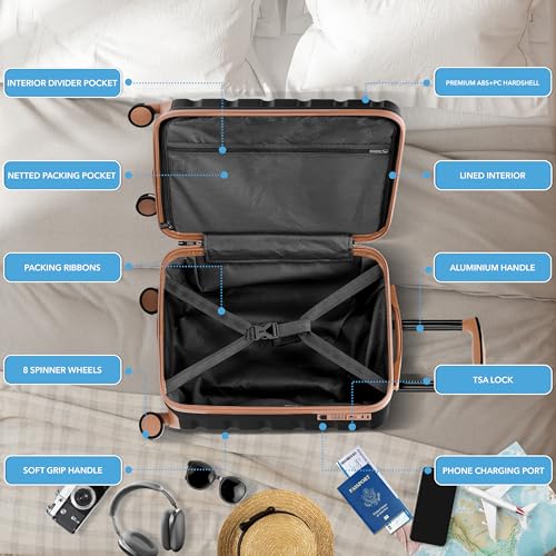 Flight Knight 22x14x9 Expandable Carry On Suitcase Hardside TSA Lock USB C Port Lightweight Luggage Silent Double Spinner Wheels Maximum Overhead Carry-On Bag American United Approved Black/Tan - color: Black/Tan, size: 22x14x9"