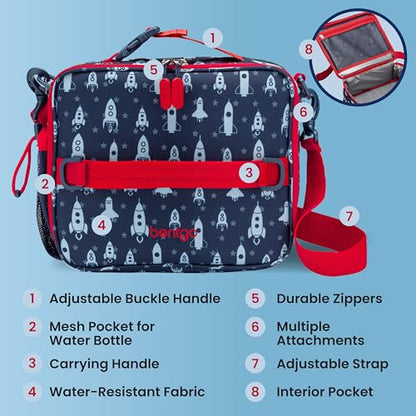 Bentgo Kids Lunch Bag - Durable, Double-Insulated Lunch Bag for Kids 3+; Holds Lunch Box, Water Bottle, & Snacks; Easy-Clean Water-Resistant Fabric & Multiple Zippered Pockets (Rocket) - color: Rocket