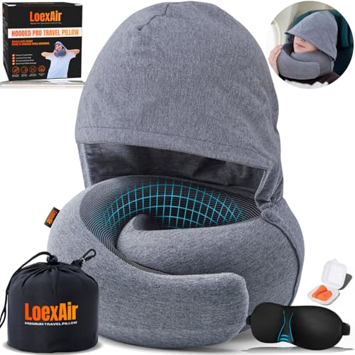 LOEXAIR™ Hooded Pro Travel Pillow - Memory Foam Neck Support Pillow for Airplane, Flight - Super-Soft Pure Cotton Fabric, Maximum Privacy & Light-Block Design, Lightweight Full Travel Kit - Light Grey - color: Light Grey, size: Hooded Pro