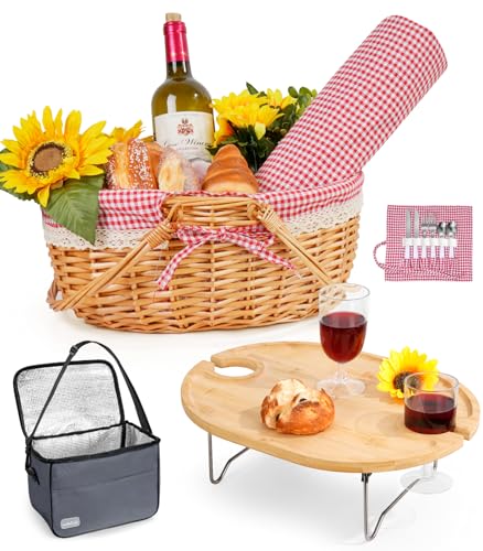 Picnic Basket for 2 with Table and Blanket Collapsible Cooler Bag Insulated Picnic Set for Beach Picnic Hamper Picnic Date Essentials for Outdoor Picnic Accessories Wedding Gift/Bridal Shower Gift - color: Red and White Lining
