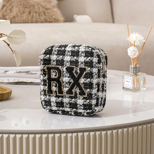 uekeboag Personalized Small Checkered Medicine Cosmetic Bag, Cute Plaid Pattern Chenille Letter Patch RX Drug Pouch with Zipper, Makeup Travel Gift Bag for Women and Girls (09 White Checkered) - color: 09White Checkered