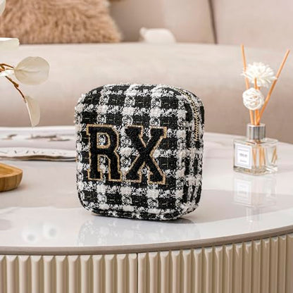 uekeboag Personalized Small Checkered Medicine Cosmetic Bag, Cute Plaid Pattern Chenille Letter Patch RX Drug Pouch with Zipper, Makeup Travel Gift Bag for Women and Girls (09 White Checkered) - color: 09White Checkered