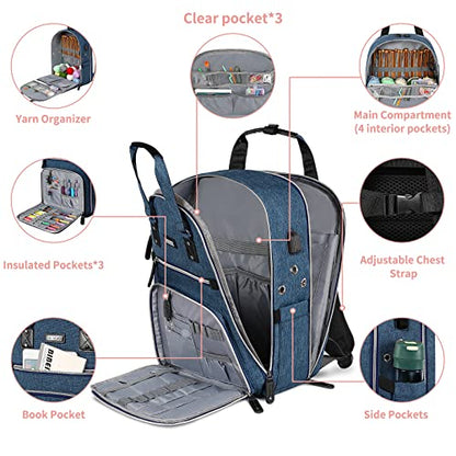 SINVICKO Crochet Bag, Knitting Bag Backpack and Totes Organizer with USB Charging Port, Large Yarn Storage Tote Bag - color: Blue