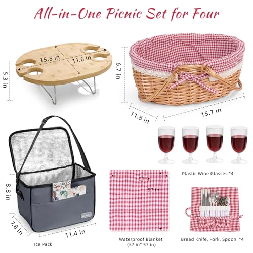 Family Picnic Basket for 4 with Table and Blanket Collapsible Cooler Bag Insulated Picnic Set for Beach Picnic Hamper Picnic Date Essentials for Outdoor Picnic Accessories