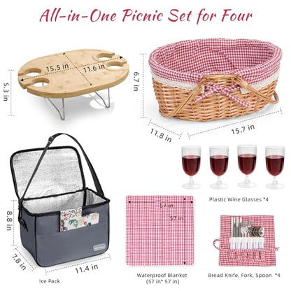Family Picnic Basket for 4 with Table and Blanket Collapsible Cooler Bag Insulated Picnic Set for Beach Picnic Hamper Picnic Date Essentials for Outdoor Picnic Accessories