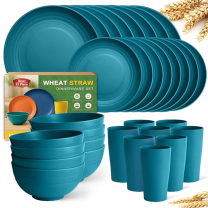 Teivio 32-Piece Kitchen Plastic Wheat Straw Dinnerware Set, Service for 8, Dinner Plates, Dessert Plate, Cereal Bowls, Cups, Unbreakable Colorful Plastic Outdoor Camping Dishes, Dark Blue - color: Dark Blue