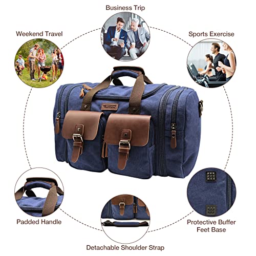 Wildroad 50L Travel Duffel Bag, Expandable Canvas Genuine Leather Duffle Bag Upgraded Overnight Weekender Carry on Bag - color: Blue, size: Large-50L Duffle Bag