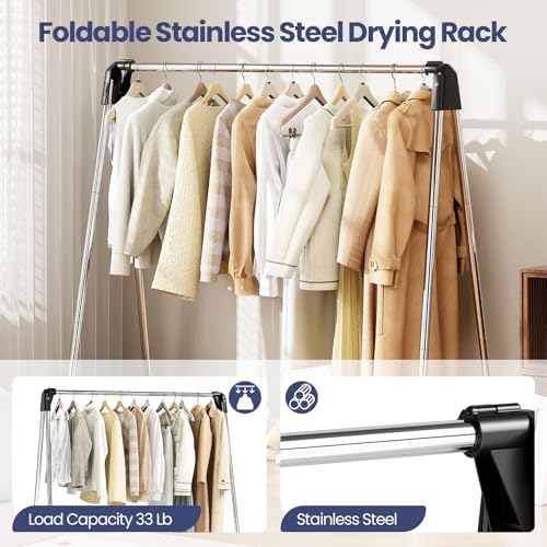 APEXCHASER Clothes Drying Rack, Stainless Steel Drying Rack Clothing with Height-Adjustable, Foldable Gullwings Laundry Drying Rack, Indoor Outdoor Use, No Assembly, White - size: 55 inch New