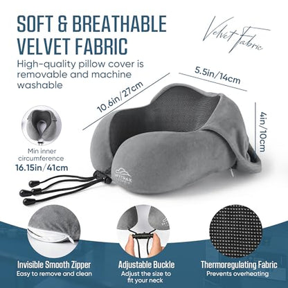 SkytraxComf® Travel Neck Pillow with Hood for Privacy on Long Flights | Memory Foam | Airplane Sleep | Safety-Tested Materials | Extra Large Hood | Chin Support | Earplugs | Washable Cover - color: Light Grey