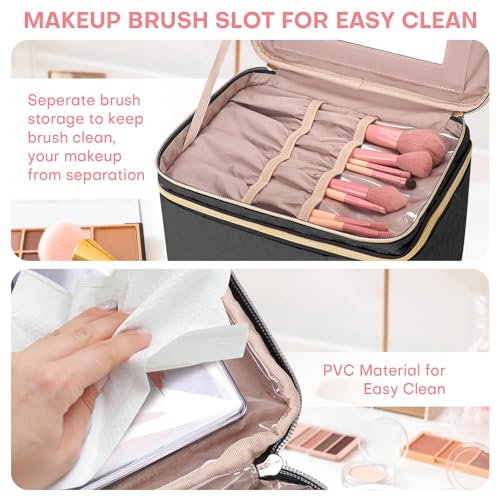 HXLGMD Large Makeup Bag with Mirror Double Layer Travel Make Up Organizer Case, Large Capacity Coemetic Bag with Brush Slot Divider - color: Black