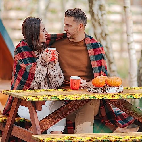 Boao 3 Pcs Vinyl Picnic Table Cover with Bench Cover 6 ft 30 x 72 Inch Waterproof Fitted Tablecloth Flannel Backing Rectangular Elastic Edged for Camping Outdoor Patio Travel(Retro Sunflower) - color: Retro Sunflower
