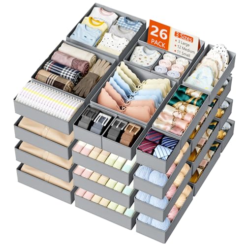 DIMJ Drawer Organizer Clothes- 26 Pack Baby Dresser Organizer for Nursery, Small Fabric Closet Drawer Organizer Bins for Underwears Socks, Foldable Storage Dividers Organization for Bedroom - color: Gray, size: 26 Pack