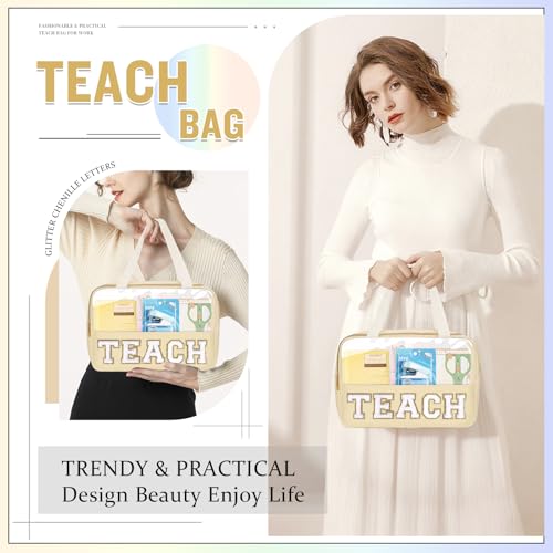 izuzta Teacher Appreciation Gifts TEACH Chenille Letter Clear Makeup Bag Pouch, Monogram Teacher Supplies Zipper with Handle Travel Cosmetic Bag Graduation Retirement Gifts for Women(TEACH-Beige) - color: TEACH-Beige