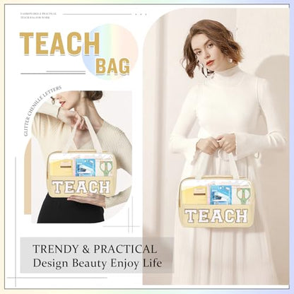 izuzta Teacher Appreciation Gifts TEACH Chenille Letter Clear Makeup Bag Pouch, Monogram Teacher Supplies Zipper with Handle Travel Cosmetic Bag Graduation Retirement Gifts for Women(TEACH-Beige) - color: TEACH-Beige