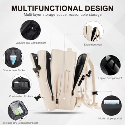 Vacuum Seal Backpack Travel with Pump, Expandable Vacuum Backpack with Air Compression System, Airback Vacpack TSA Lock Water Resistant Carry-On Luggage (White) - color: White