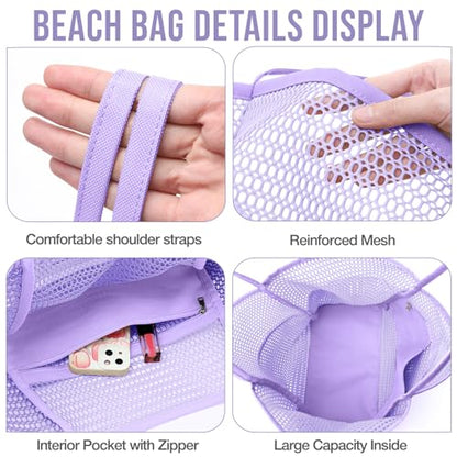 KPX Beach Bag with Mini Pocket, Summer Beach Tote Bags for Women Large Foldable Mesh Swimming Pool Travel Bags - Sandproof - color: Purple