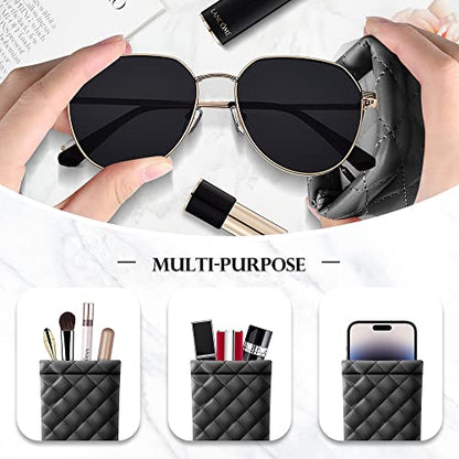 Squeeze Top Sunglass Pouch - Portable Sunglass Organizer Pouch Bags Soft PU Leather Glasses 2 Pack - color: Black-white