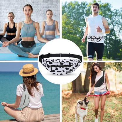 MAXTOP Large Crossbody Fanny Pack with 4-Zipper Pockets,Gifts for Enjoy Sports Festival Workout Traveling Running Casual Hands-Free Wallets Waist Pack Phone Bag Carrying All Phones - color: Cow Print White, style: Large Fanny Pack(4 Zipper Pockets)