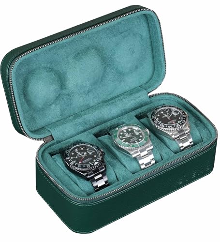 3 Watch Travel box Real Top-grain Leather, Three Watches Storage Organizer Roll Case for Man and Women, Watch Packing Box with Suede to Protection Zipper Fit All Watches Up to 60mm (3W-Z-GR) - color: 3W-Z-GRR