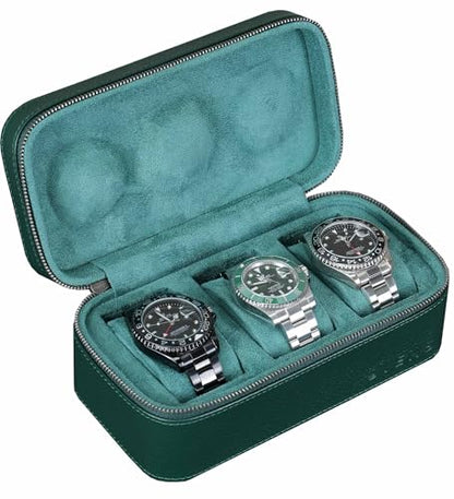 3 Watch Travel box Real Top-grain Leather, Three Watches Storage Organizer Roll Case for Man and Women, Watch Packing Box with Suede to Protection Zipper Fit All Watches Up to 60mm (3W-Z-GR) - color: 3W-Z-GRR