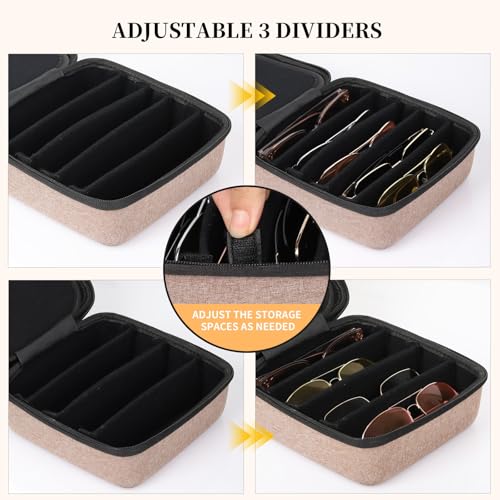 AUTOARK EVA Hard Shell Travel Eyeglasses Case,4 Adjustable Dividers,Holds 5 Glasses,Felt Lining - color: Brown