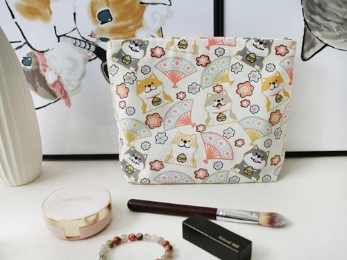 HAPPYHEIDI Canvas Pouch for Travel, Makeup Bag Case, Creamy White Dogs, Cotton, Animal Print, Zipper Closure, 7.1x2.4x7 Inches - color: GR-Canvas-Creamy White Dogs