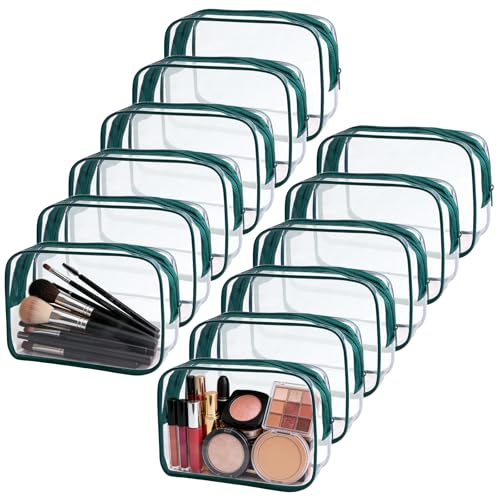 12 Pieces Clear Makeup Bags Bulk, TSA Approved Toiletry Bag PVC Cosmetic Toiletries Pouch with Zipper, Waterproof Vinyl Plastic Organizer Case for Carry-on Travel Essentials (Green Medium) - color: 12 Medium Green