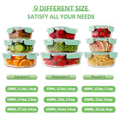 HOMBERKING Glass Food Storage Containers with Lids, [18 Piece] Glass Meal Prep Containers, Airtight Lunch Bento Boxes, BPA-Free & Leak Proof (9 lids & 9 Containers) - Blue - color: Light Blue