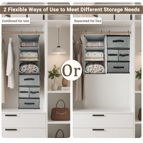 2-in-1 Durable 6-Tier Hanging Closet Organizer with 4 Removable Drawers,2 Separable 3-Tier Thickened Fabric Hanging Shelf Clothes Storage Organization Space-saving for Bedroom,Dorm,Guestroom,RV,Travel - style: Separable - 6 Tier by 2in1