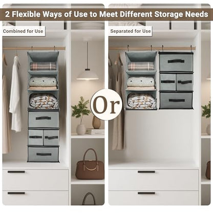 2-in-1 Durable 6-Tier Hanging Closet Organizer with 4 Removable Drawers,2 Separable 3-Tier Thickened Fabric Hanging Shelf Clothes Storage Organization Space-saving for Bedroom,Dorm,Guestroom,RV,Travel - style: Separable - 6 Tier by 2in1