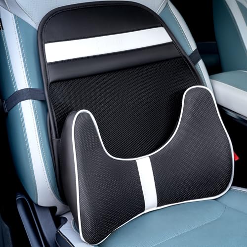 FLORICH Memory Foam Double Layer Breathable Mesh Lumbar Support Ergonomic Leather Lumbar Support Pillow with 3D Mesh Back Support and Adjustable Strap for CarSeat & Office Chair(Leather Black) - color: Leather Black