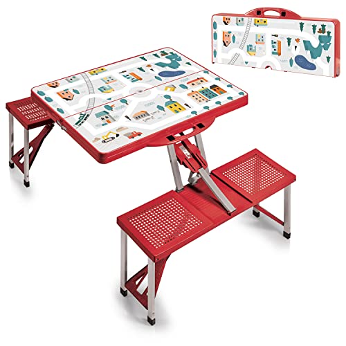 Picnic TIME Portable Folding Picnic Table with Seats for 4, Collapsible Aluminum Table with Benches & Umbrella Hole, Lightweight Foldable Table for Camping, Travel, Backyard, Tailgating | with Umbrella Hole - color: Play Town - Red