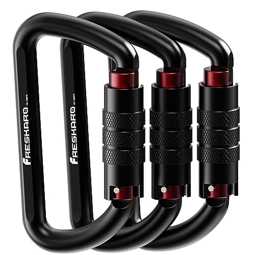 FresKaro 3inch 12kN-2698lbs Auto Locking Carabiner Clips, Solid D Shape, Heavy Duty 7075 Aluminum, Lightweight 1.09oz, Rust Proof, for Hammock, Hiking, Dog Leash, Keychain etc., Multi-Colors - color: Black-3pcs