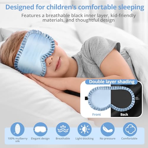 Kids Sleep Mask, 100% Real Mulberry Silk Eye Mask, Sleeping Mask for Kids with Adjustable Elastic Band, Soft & Light Blocking Eye Cover Gift for Boys Girls Teens Age 5+ (Blue) - color: Blue
