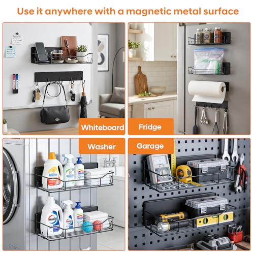 Detukna Magnetic Grill Caddy with Storage Bins, BBQ Tool Organizer with Paper Towel Holder and Hooks, Metal Shelf for Pellet Grill Accessories, Outdoor Smoker Storage Rack