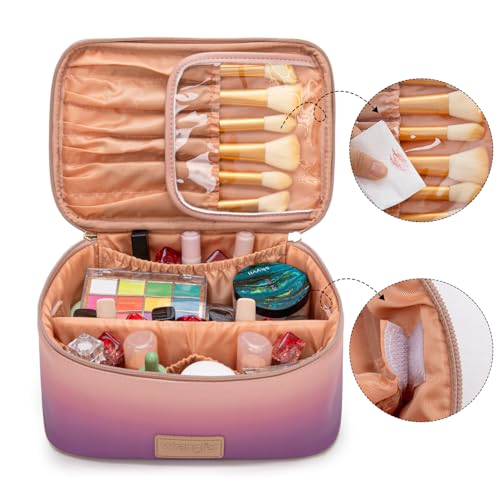 Montana West X Wrangler Travel Makeup Bag 2pcs Set Large Cosmetic Bag with Makeup Brush Holder Portable Make Up Organizer Cute Toiletry Bag with Divider and Handle for Women Gradient - color: Purple