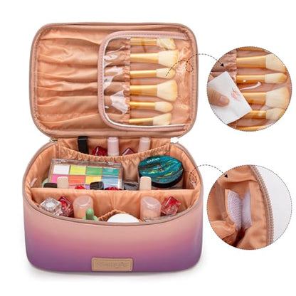 Montana West X Wrangler Travel Makeup Bag 2pcs Set Large Cosmetic Bag with Makeup Brush Holder Portable Make Up Organizer Cute Toiletry Bag with Divider and Handle for Women Gradient - color: Purple