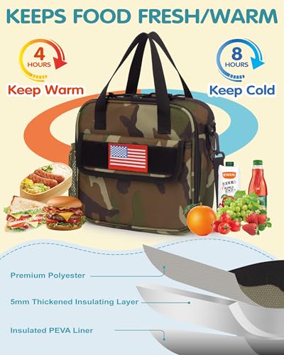 Tactical-style Lunch Bag 5L Kids Lunch Bag with Adjustable Shoulder Strap Easy to Clean Leakproof Wipeable liner Toddler Lunch Box Bag for Boys Girls School and Daycare - color: Green Camo
