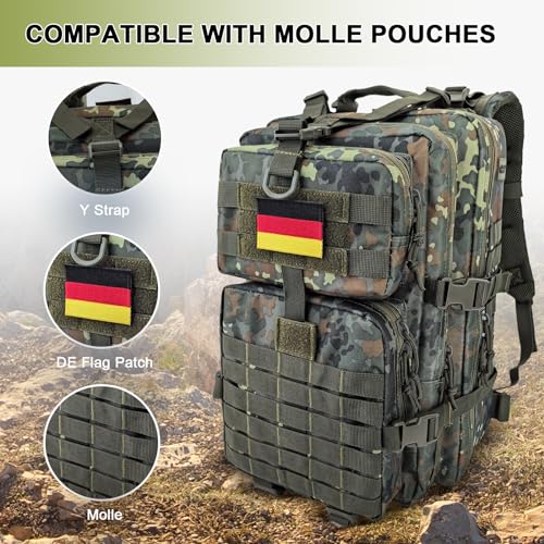 Hannibal Tactical MOLLE Assault Backpack, Tactical Backpack Military Army Camping Rucksack, 3-Day Pack Trip w/USA Flag Patch, D-Rings, Flecktarn - color: Flecktarn