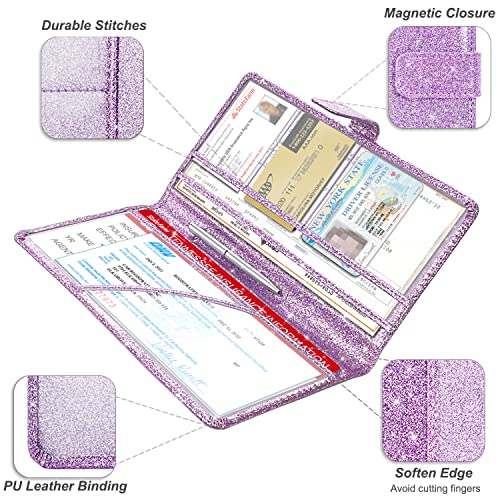RSAquar Car Registration and Insurance Holder, Vehicle Car Glove Box Organizer, Cool Car Accessories for ID, Driver License Cards & Essential Document, Men&Women, Purple Glitter - color: Glitter Purple