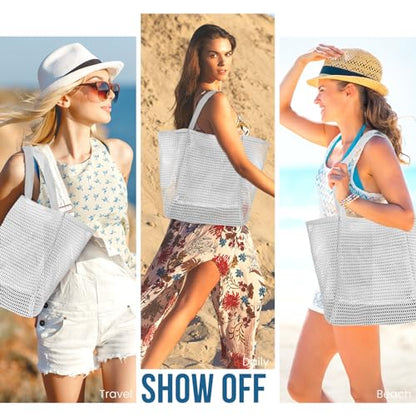 HOHOM Beach Bags for Women, Summer Travel Mesh Tote Bag with Large Inner Pocket, Sandproof Woven Shoulder Handbag - color: Snowy White