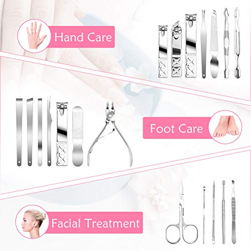Teamkio 18pcs Manicure Set Pedicure Nail Clippers Set Travel Hygiene Kit Stainless Steel Professional Cutter Care Set Scissor Tweezer Knife Ear Pick Tools Grooming Kits with Leather Case - color: Pink