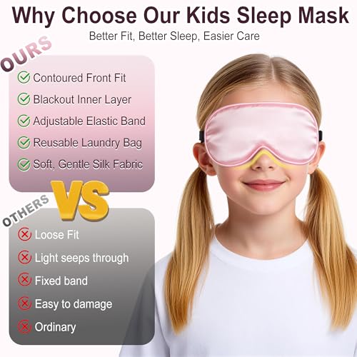 Kids Sleep Mask, Kids Eye Mask for Boys Girls, Kid Silk Eye Masks with Adjustable Strap for Sleeping, 100% Light-Blocking Sleep Eye Cover, Includes Protective Laundry Bag (Pink) - color: Pink