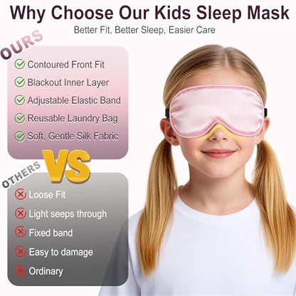 Kids Sleep Mask, Kids Eye Mask for Boys Girls, Kid Silk Eye Masks with Adjustable Strap for Sleeping, 100% Light-Blocking Sleep Eye Cover, Includes Protective Laundry Bag (Pink) - color: Pink