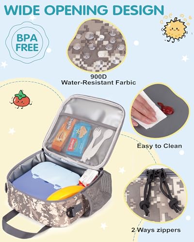 Tactical-style Lunch Bag 5L Kids Lunch Bag with Adjustable Shoulder Strap Easy to Clean Leakproof Wipeable liner Toddler Lunch Box Bag for Boys Girls School and Daycare - color: ACU Camo